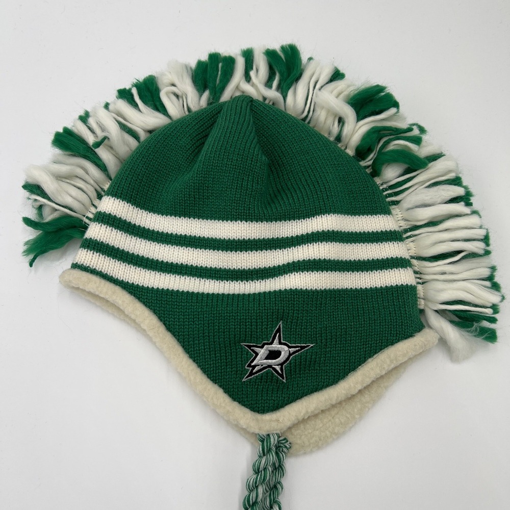 Dallas Stars Knit Hat Beanie Mohawk Fringed Tassels Green‎ White Adidas - Picture 2 of 6
